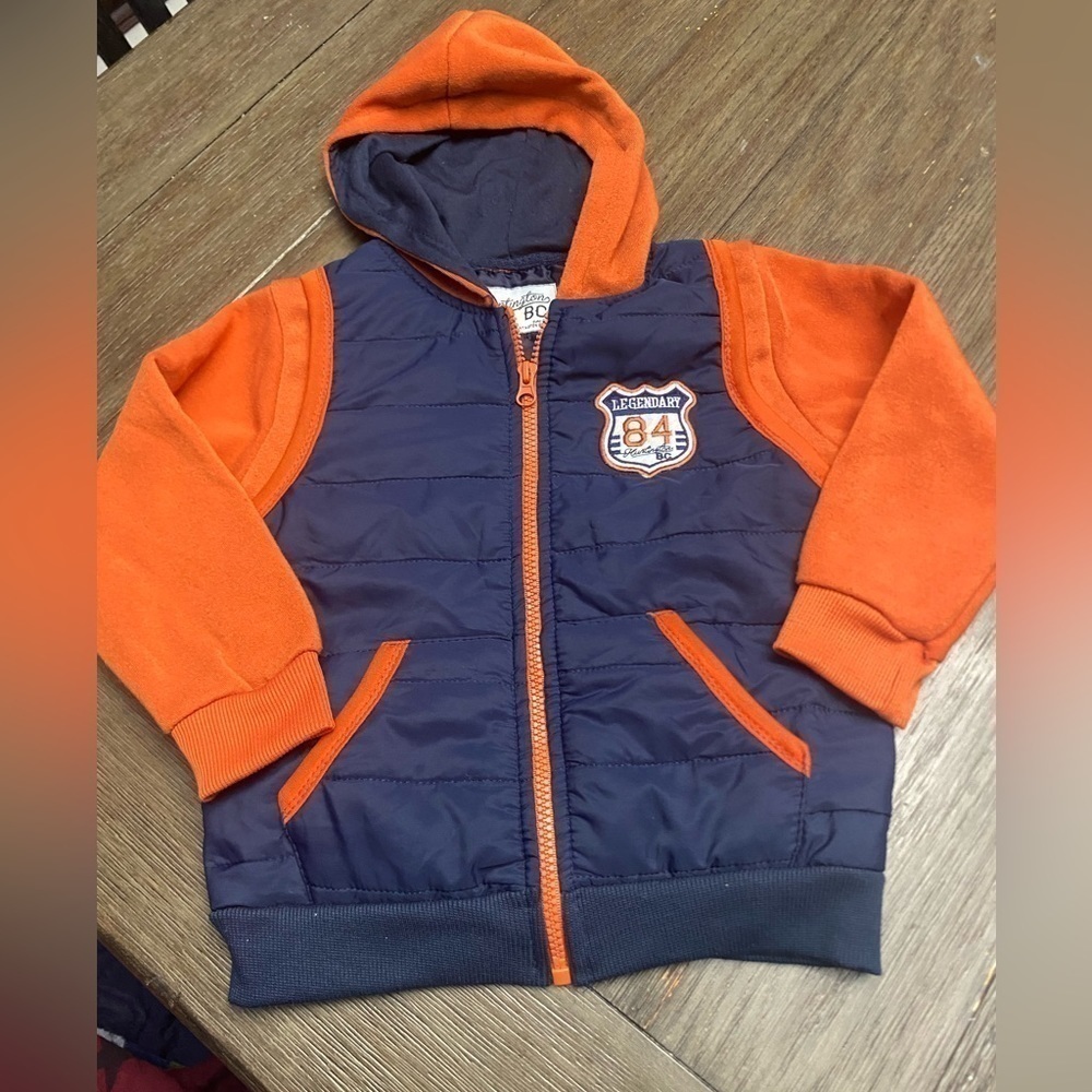 Huntington boys light weight blue and orange hooded jacket 4T